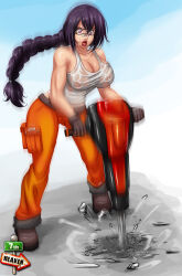 Rule 34 | 1girl, 7th-heaven, braid, breasts, cleavage, collarbone, commission, construction, debris, goggles, highres, jackhammer, large breasts, long hair, looking down, motion blur, muscular, muscular female, open mouth, original, pants, purple eyes, purple hair, see-through, see-through shirt, shaking, signature, simple background, sweat, sweaty clothes, tank top, tongue, white tank top, work gloves, working
