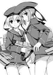 Rule 34 | 10s, 2girls, ass, bad id, bad pixiv id, bottomless, clothes writing, commentary request, dress, greyscale, gun, hat, holding, holding gun, holding weapon, kantai collection, kobayashi chisato, long sleeves, looking at viewer, looking back, machinery, military, military uniform, monochrome, multiple girls, panties, pantyshot, sailor collar, sailor dress, sailor hat, short hair, simple background, smile, standing, thighs, turret, underwear, uniform, weapon, white background, z1 leberecht maass (kancolle), z3 max schultz (kancolle)