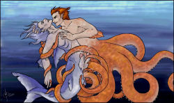 Rule 34 | 2boys, blue hair, cum, fish, gills, male focus, merman, monster boy, multiple boys, multiple penises, octopus, orange hair, penis, shark, tentacles, tentacles on male, underwater, water, yaoi