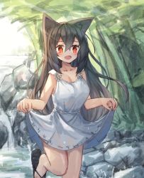 Rule 34 | 1girl, :d, animal ear fluff, animal ears, bare arms, black footwear, blush, breasts, brown hair, cat ears, cleavage, day, dress, forest, hair between eyes, highres, long hair, nature, open mouth, original, outdoors, red eyes, river, rock, sandals, skirt hold, sleeveless, sleeveless dress, small breasts, smile, solo, standing, standing on one leg, tandohark, very long hair, water, waterfall, white dress