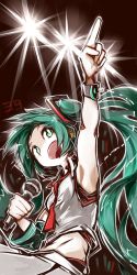 Rule 34 | 1girl, arm up, armpits, bare shoulders, breasts, cowboy shot, deel (rkeg), green eyes, green hair, hatsune miku, headset, highres, index finger raised, long hair, matching hair/eyes, microphone, midriff, music, necktie, open mouth, pointing, pointing up, sideways mouth, singing, sleeveless, small breasts, solo, stage lights, very long hair, vocaloid, wristband