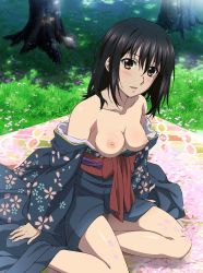 Rule 34 | 1girl, bare shoulders, black hair, blue kimono, blush, breasts, breasts out, brown eyes, cherry blossoms, floral print, hair between eyes, highres, himeragi yukina, japanese clothes, kimono, legs, looking at viewer, manyako, manyako (mohumohu), medium breasts, nipples, nude filter, obi, off shoulder, open mouth, outdoors, parted lips, print kimono, puffy areolae, robe, sash, sidelocks, sitting, solo, strike the blood, thighs, third-party edit, wide sleeves, yokozuwari