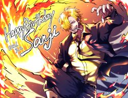 Rule 34 | 1boy, absurdres, belt, black jacket, black necktie, black pants, blonde hair, character name, cigarette, commentary request, curly eyebrows, dated, facial hair, fire, goatee, hair over one eye, happy birthday, highres, jacket, looking at viewer, male focus, necktie, one piece, pants, sanji (one piece), shi camellia8, shirt, short hair, smile, solo, yellow shirt