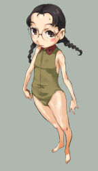 Rule 34 | 10s, 1girl, black hair, blush, breasts, brown eyes, cameltoe, fukuda haru, girls und panzer, glasses, leotard, small breasts, solo, twintails
