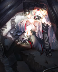 Rule 34 | 1girl, arm up, breasts, damaged, girls&#039; frontline, gloves, hair between eyes, hair over breasts, headgear, jacket, koko (koko3), light particles, long hair, looking at viewer, lying, m4 sopmod ii (girls&#039; frontline), medium breasts, multicolored hair, navel, on back, open mouth, pink hair, prosthesis, prosthetic arm, red eyes, red hair, scarf, shade, solo, stomach, streaked hair, torn clothes