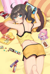 Rule 34 | 1girl, ahoge, aqua eyes, ass, blush, brown hair, character doll, crop top, crown, food, food in mouth, from behind, hair between eyes, highres, himemori luna, hololive, looking at viewer, looking back, lying, medium hair, minamura haruki, mini crown, natsuiro matsuri, natsuiro matsuri (matsuri&#039;s day off), nintendo switch, on stomach, pocky, pocky in mouth, scrunchie, short shorts, shorts, side ponytail, solo, virtual youtuber