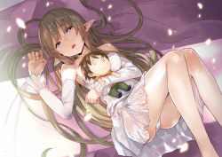 Rule 34 | 1girl, bare legs, bare shoulders, barefoot, brown hair, character doll, detached sleeves, dress, hair down, highres, kanou shin&#039;ichi, light particles, long hair, looking at viewer, lying, myucel foalan, hugging object, on back, open mouth, outbreak company, panties, pointy ears, purple eyes, short dress, solo, strapless, strapless dress, underwear, very long hair, white dress, white panties, yuugen