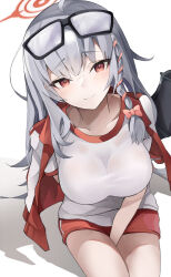 Rule 34 | 1girl, blue archive, blush, breasts, closed mouth, eyewear on head, glasses, grey hair, gym shirt, halo, haruna (blue archive), haruna (track) (blue archive), highres, jacket, large breasts, long hair, looking at viewer, official alternate costume, red halo, red shorts, shirt, shorts, simple background, sitting, smile, solo, track jacket, umber00, white background, white shirt