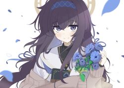 Rule 34 | 1girl, bags under eyes, blue archive, blue flower, book, bouquet, brown cardigan, cardigan, flower, free donut, headband, highres, holding, holding book, holding bouquet, jewelry, necklace, petals, smile, solo, ui (blue archive)