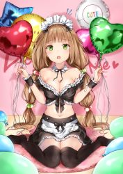 Rule 34 | 1girl, absurdres, apron, balloon, bare shoulders, black bow, black ribbon, black skirt, black thighhighs, blunt bangs, blush, bow, breasts, brown hair, cleavage, clenched hands, collar, collarbone, crop top, english text, fingernails, flying sweatdrops, frilled cuffs, frilled skirt, frills, front-tie top, full body, green eyes, hair ornament, hair scrunchie, heart, heart balloon, highres, holding, holding balloon, long hair, looking at viewer, low twintails, maid, maid apron, medium breasts, midriff, navel, no shoes, off shoulder, on floor, original, ribbon, scrunchie, skirt, solo, thighhighs, twintails, twintails day, yoshida iyo