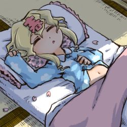 Rule 34 | blonde hair, cherry blossoms, closed eyes, haru-chan, imuhata shimuro, lowres, lying, nhk (broadcaster), on back, pillow, sleeping, solo
