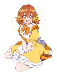 Rule 34 | 1girl, :d, alternate hairstyle, apron, between legs, blush, bow, bowtie, braid, brown eyes, dress, fresh precure!, frilled dress, frills, full body, hair bow, hand between legs, idol, kb83ys, looking at viewer, maid apron, open mouth, orange bow, orange bowtie, orange footwear, orange hair, precure, puffy short sleeves, puffy sleeves, shoes, short hair, short sleeves, short twintails, simple background, sitting, smile, solo, twintails, v arms, wariza, white background, yamabuki inori, yellow dress