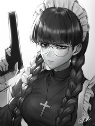 Rule 34 | 1girl, apron, bad id, bad pixiv id, bags under eyes, black lagoon, blunt bangs, braid, breasts, closed mouth, cross, cross necklace, finger on trigger, frown, glasses, greyscale, gun, hair over shoulder, half-closed eyes, handgun, highres, holding, holding gun, holding weapon, jewelry, latin cross, long hair, long sleeves, looking at viewer, maid, maid apron, maid headdress, monochrome, necklace, pistol, roberta (black lagoon), round eyewear, sakura shiho, signature, solo, twin braids, weapon
