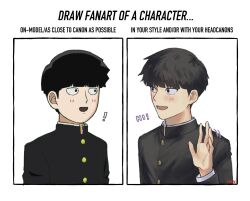 Rule 34 | !, 1boy, black eyes, black hair, blunt bangs, blush, bowl cut, draw fanart challenge, english text, formal, gakuran, hannnn, highres, kageyama shigeo, long sleeves, looking at another, male focus, mob psycho 100, official style, open mouth, school uniform, short hair, simple background, smile