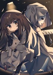 Rule 34 | black legwear, blush, brown eyes, brown hair, coat, commentary request, deemo, girl (deemo), gloves, highres, holding, long hair, long sleeves, looking at viewer, masked lady (deemo), pantyhose, piano keys, pocket watch, toy, wagashi928, watch