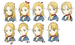 Rule 34 | 1girl, blonde hair, braid, choker, closed mouth, crown braid, dungeon meshi, elf, green eyes, hair behind ear, hair between eyes, hair over shoulder, hair ribbon, hair strand, hair tubes, long hair, looking at viewer, low ponytail, marcille donato, moonsorrow, multiple views, parted bangs, pointy ears, ponytail, portrait, ribbon, side braid, simple background, swept bangs, twin braids, twintails, white background