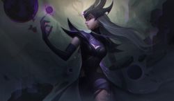 Rule 34 | 1girl, absurdres, armor, breasts, cleavage, elbow gloves, energy ball, forehead protector, gloves, glowing, glowing eye, gradient background, grey hair, hand up, helmet, highres, large breasts, league of legends, long hair, parted lips, pauldrons, profile, purple eyes, shorts, shoulder armor, smile, solo, syndra, vincent t (oriaarts)