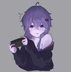 Rule 34 | 1girl, ^^^, absurdres, ahoge, bare shoulders, black jacket, camisole, collarbone, colored skin, controller, cropped torso, game controller, grey background, hair between eyes, hair ornament, highres, holding, holding controller, jacket, long sleeves, looking at viewer, low twintails, off shoulder, open mouth, purple camisole, purple eyes, purple hair, purple skin, simazuzuzuzu, simple background, solo, tearing up, tears, trembling, twintails, upper body, voiceroid, yuzuki yukari