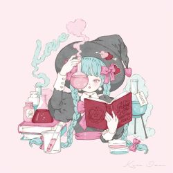 Rule 34 | 1girl, :o, aqua hair, beaker, black shirt, book, bottle, bow, braid, bubble, chalice, collared shirt, cup, flask, gloves, green hair, hat, highres, holding, holding book, holding bottle, kira imai, liquid, open mouth, original, pink bow, pink eyes, poison, potion, puffy short sleeves, puffy sleeves, shirt, short sleeves, smoke, solo, spell book, test tube, twin braids, witch, witch hat
