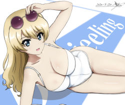 Rule 34 | 1girl, alternate costume, blonde hair, blue eyes, breasts, bukkuri, casual one-piece swimsuit, character name, cleavage, collarbone, commentary request, cowboy shot, darjeeling (girls und panzer), dated, eyewear on head, girls und panzer, hair down, large breasts, long hair, looking at viewer, lying, medium breasts, on side, one-piece swimsuit, purple-tinted eyewear, round eyewear, signature, solo, sunglasses, swept bangs, swimsuit, thighs, tinted eyewear, white one-piece swimsuit