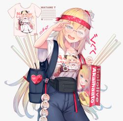 Rule 34 | 1girl, adjusting eyewear, akai haato, alternate costume, backpack, badge, bag, bespectacled, blonde hair, blue eyes, blue pants, blush, breasts, clothes writing, collarbone, commentary request, fang, fanny pack, glasses, grey background, haaton (akai haato), hair ornament, hand up, harp, headband, heart, heart-shaped pupils, heart hair ornament, highres, hololive, horns, implied yuri, instrument, long hair, looking at viewer, one side up, open mouth, pants, paper bag, poster (object), print shirt, round eyewear, saliva, sheep girl, sheep horns, shirt, simple background, solo, symbol-shaped pupils, t-shirt, tsunomaki watame, very long hair, virtual youtuber, white shirt, yoshiheihe