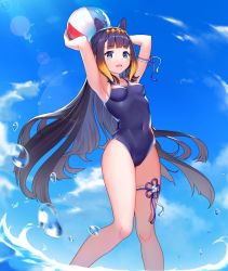 Rule 34 | 1girl, absurdres, animal ears, arm strap, armpits, arms up, ball, beachball, black hair, blue eyes, blue sky, blunt bangs, breasts, cloud, collarbone, commentary, competition swimsuit, covered navel, day, diamond hairband, english commentary, floating hair, flower knot, gradient hair, highres, holding, holding ball, holding beachball, hololive, hololive english, kim nico, lens flare, long hair, looking at viewer, motion blur, multicolored hair, ninomae ina&#039;nis, one-piece swimsuit, open mouth, orange hair, sidelocks, sky, small breasts, solo, splashing, standing, swimsuit, teeth, tentacle hair, thigh strap, upper teeth only, very long hair, virtual youtuber, wading, water, water drop