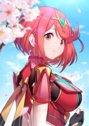 Rule 34 | 1girl, absurdres, black gloves, blue sky, bob cut, breasts, cherry blossoms, chest jewel, cloud, commentary request, day, earrings, fingerless gloves, gem, gloves, green322, headpiece, highres, jewelry, large breasts, pyra (xenoblade), red eyes, red hair, short hair, sky, solo, swept bangs, tiara, xenoblade chronicles (series), xenoblade chronicles 2