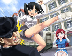 Rule 34 | 1boy, 2girls, ass, black hair, blue eyes, blush, bow, breasts, francesca lucchini, hair bow, hosoinogarou, kicking, long hair, maria pier di romagna, military, military uniform, multiple girls, open mouth, panties, red hair, shiny skin, small breasts, strike witches, striped clothes, striped panties, twintails, underwear, uniform, white panties, world witches series