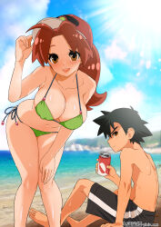 Rule 34 | 1boy, 1girl, ash ketchum, beach, bent over, bikini, black hair, black male swimwear, borrowed clothes, breasts, brown eyes, brown hair, can, coffee-break, covered erect nipples, creatures (company), day, delia ketchum, drink can, frown, game freak, glaring, green bikini, hand on own knee, highres, large breasts, leaning forward, lens flare, low ponytail, male swimwear, mother and son, nintendo, ocean, partially shaded face, pokemon, pokemon (anime), pokemon journeys, shiny skin, side-tie bikini bottom, sitting, soda can, standing, sun, sunlight, swim trunks, swimsuit, teeth, thong, thong bikini, topless male, upper teeth only, wet, wide hips