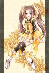 Rule 34 | 1girl, boots, brown eyes, brown hair, dress, frilled dress, frills, full body, hair ornament, jian xia qing yuan (series), jianxia qingyuan (series), jianxia qingyuan online 3, latealatea, long hair, open mouth, original, short dress, smile, solo, thighhighs, twintails, white footwear, wide sleeves, yellow dress, zettai ryouiki