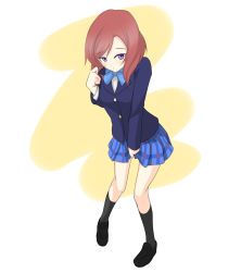 Rule 34 | 10s, 1girl, azukilib, between legs, black footwear, black socks, blue bow, blue bowtie, blue jacket, blue skirt, blush, bow, bowtie, clenched hand, closed mouth, female focus, full body, hand between legs, hand up, have to pee, highres, jacket, kneehighs, light blush, long sleeves, looking at viewer, love live!, love live! school idol project, miniskirt, nishikino maki, otonokizaka school uniform, plaid, plaid skirt, pleated skirt, purple eyes, red hair, school uniform, shirt, shoes, short hair, simple background, skirt, socks, solo, standing, striped bow, striped bowtie, striped clothes, swept bangs, two-tone background, white shirt, yellow background