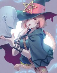 Rule 34 | 1girl, absurdres, ace attorney, blue cape, blue hat, blue shirt, braid, brown bag, brown eyes, bust (sculpture), cape, cropped torso, esmeralda tusspells, finger to mouth, hand up, hat, hat ornament, highres, holding, long hair, looking at viewer, one eye closed, parted lips, pink hair, purple lips, shirt, single braid, solo, star (symbol), star hat ornament, the great ace attorney, the great ace attorney 2: resolve, very long hair, witch hat, zuzuko