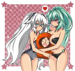 Rule 34 | 1boy, 2girls, bikini, black heart (neptunia), blush, breast press, breasts, closed eyes, closed mouth, collar, commission, crossover, girl sandwich, green eyes, green hair, green heart (neptunia), hair ornament, heart bubbles, jechibi-kun, kenny mccormick, large breasts, long hair, multiple girls, neptune (series), noire (neptunia), one-piece swimsuit, parody, ponytail, purple eyes, sandwiched, shiny skin, silver hair, south park, swimsuit, symbol-shaped pupils, twintails, vert (neptune series)