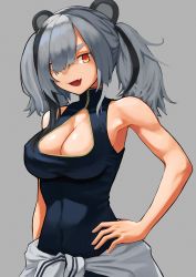 Rule 34 | 1girl, animal ears, arknights, armpit peek, black hair, blue dress, breasts, china dress, chinese clothes, cleavage, cleavage cutout, clothes around waist, clothing cutout, covered navel, cowboy shot, dress, fang, feater (arknights), grey background, hair between eyes, hair over one eye, hand on own hip, highres, large breasts, looking at viewer, medium hair, multicolored hair, open mouth, panda ears, red eyes, silver hair, simple background, sleeveless, sleeveless dress, smile, solo, streaked hair, sweater, sweater around waist, twintails, two-tone hair, yakupan