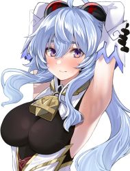 Rule 34 | 1girl, ahoge, armpits, arms up, bell, black bodysuit, black gloves, blue hair, blush, bodysuit, breasts, closed mouth, commentary, cowbell, crossed arms, detached sleeves, ganyu (genshin impact), genshin impact, gloves, goat horns, gold trim, gomashi (goma), hair between eyes, horns, large breasts, light blue hair, long hair, looking at viewer, neck bell, purple eyes, sidelocks, simple background, solo, sweat, upper body, white background