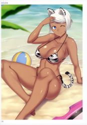 Rule 34 | 1girl, absurdres, animal print, artist name, artist request, ball, bare shoulders, beach, beachball, bikini, blue eyes, breasts, cleavage, closed mouth, collarbone, dark-skinned female, dark skin, day, highres, large breasts, lips, one eye closed, page number, scan, shiny skin, short hair, sitting, smile, solo, swimsuit, toranoana, white hair