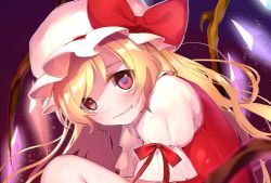 Rule 34 | 1girl, bad id, bad twitter id, blonde hair, blush, commentary request, fang, flandre scarlet, from side, grin, hat, highres, long hair, looking at viewer, mob cap, neck ribbon, puffy short sleeves, puffy sleeves, purple background, red eyes, red ribbon, red vest, ribbon, short sleeves, simple background, smile, solo, touhou, vanilla (miotanntann), vest, wings
