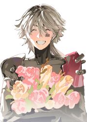 Rule 34 | 1boy, barcode, barcode tattoo, bouquet, closed mouth, corrupted twitter file, facial tattoo, flower, grey hair, hair between eyes, highres, holding, holding bouquet, long hair, mechanical arms, mechanical parts, open mouth, pink flower, pink rose, ponytail, punishing: gray raven, roland: flambeau (punishing: gray raven), roland (punishing: gray raven), rose, solo, tattoo, tulip, white background, yellow flower, yellow tulip, yongsadragon