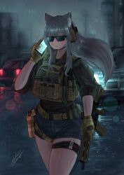 Rule 34 | 1girl, animal ear fluff, animal ears, arktic, black shirt, blue shorts, brown gloves, building, car, cellphone, commentary, ear protection, english commentary, facing viewer, floating hair, gloves, grey hair, gun, headset, highres, holding, holding gun, holding phone, holding weapon, long hair, motor vehicle, night, original, outdoors, parted lips, phone, puffy short sleeves, puffy sleeves, rain, shirt, short shorts, short sleeves, shorts, signature, solo, sunglasses, very long hair, weapon