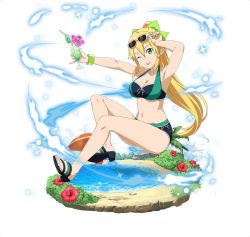 Rule 34 | 1girl, ;p, armpits, bikini, black bikini, blonde hair, bracelet, breasts, cleavage, collarbone, feet, flower, full body, green eyes, green ribbon, hair between eyes, hair ribbon, hibiscus, high heels, high ponytail, holding, jewelry, leafa, long hair, medium breasts, navel, one eye closed, outstretched arm, palm tree, pointy ears, purple flower, red flower, ribbon, simple background, sitting, solo, sunglasses, swimsuit, sword art online, toes, tongue, tongue out, tree, very long hair, water, white-framed eyewear, white background