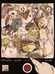 Rule 34 | 1other, 3boys, 3girls, :|, = =, alphys, androgynous, animal, annoying dog, asgore dreemurr, black shorts, black tank top, blue jacket, blue skin, blue sweater, brothers, brown hair, cake, cake slice, cape, closed mouth, colored skin, commentary, creature, dog, everyone, eyepatch, facing viewer, fake phone screenshot, fake screenshot, fins, flower, flowey (undertale), food, food on face, fork, frisk (undertale), ghost, grin, group picture, gumo (gumo32), hand on another&#039;s shoulder, hands in pockets, head fins, highres, holding, holding animal, holding dog, holding fork, hood, hood down, hooded jacket, jacket, looking at viewer, mettaton, monster kid (undertale), multiple boys, multiple girls, napstablook, non-humanoid robot, one eye closed, open mouth, papyrus (undertale), pov, red cape, robot, sans (undertale), short hair, shorts, siblings, skeleton, smile, sweatdrop, sweater, symbol-only commentary, taking picture, tank top, temmie, toriel, undertale, undyne, yellow flower, yellow skin