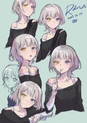 Rule 34 | 1girl, absurdres, bang dream!, bang dream! it&#039;s mygo!!!!!, black shirt, blue eyes, blush, character name, closed mouth, commentary, dated, green background, grey hair, heterochromia, highres, holding, holding spoon, jiong-zi, kaname raana, layered sleeves, long sleeves, looking at viewer, medium hair, multiple views, off-shoulder shirt, off shoulder, open mouth, parted lips, shirt, short over long sleeves, short sleeves, simple background, spoon, utensil in mouth, yellow eyes