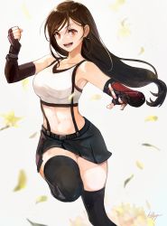 Rule 34 | 1girl, :d, artist name, bare shoulders, black gloves, black hair, black skirt, black thighhighs, breasts, clenched hand, collarbone, crop top, earrings, elbow gloves, final fantasy, final fantasy vii, final fantasy vii remake, fingerless gloves, flower, gloves, highres, jewelry, killy doodle, large breasts, leaf, leg up, long hair, low-tied long hair, miniskirt, navel, open mouth, orange eyes, petals, shirt, skirt, smile, solo, sports bra, suspender skirt, suspenders, tank top, teeth, thighhighs, thighs, tifa lockhart, white shirt, yellow flower, zettai ryouiki