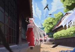 Rule 34 | 2girls, absurdres, bird, black cat, blue sky, bow, cat, chen, chen (cat), cityscape, cloud, crow, earrings, fujiwara no mokou, full body, green headwear, hair bow, hands in pockets, highres, house, jewelry, kamishirasawa keine, long hair, looking at viewer, multiple bows, multiple girls, multiple tails, ofuda, ofuda on clothes, outdoors, pants, red eyes, red pants, scenery, shirt, short sleeves, single earring, sky, smoking, standing, sweet reverie, tail, touhou, tree, two tails, very long hair, white hair, white shirt