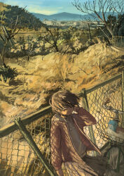 Rule 34 | 1girl, absurdres, against fence, anko1127, bare tree, bicycle, bicycle basket, brown hair, chain-link fence, cityscape, closed eyes, closed mouth, commentary request, dry grass, fence, floating hair, foliage, from above, grey hoodie, grey skirt, hand up, highres, hood, hood down, hoodie, jacket, layered clothes, leaning back, long sleeves, mountainous horizon, open clothes, open jacket, original, outdoors, pink jacket, pleated skirt, scenery, shadow, short hair, skirt, smile, solo, spring (season), tree