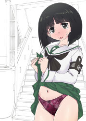 Rule 34 | 1girl, absurdres, armband, black eyes, black hair, black neckerchief, blouse, blunt bangs, blunt ends, blush, bob cut, bow, bow panties, clothes lift, commentary, commission, frown, girls und panzer, gotou moyoko, green skirt, highres, lifting own clothes, long sleeves, looking at viewer, makura ken, medium hair, miniskirt, neckerchief, ooarai school uniform, open mouth, panties, partially colored, pixiv commission, pleated skirt, presenting, purple panties, sailor collar, school uniform, serafuku, shirt, skirt, skirt lift, solo, stairs, stairwell, standing, sweatdrop, tearing up, textless version, underwear, white sailor collar, white shirt