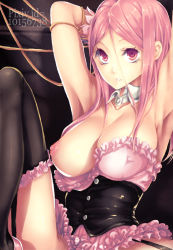 Rule 34 | 00s, 1girl, armpits, arms up, breasts, charlotte (pandora hearts), detached collar, female focus, long hair, nipples, pandora hearts, pink eyes, pink hair, solo, thighhighs