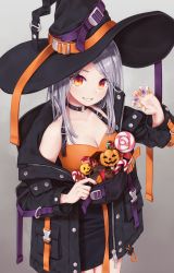 Rule 34 | 1girl, bare shoulders, black hat, black jacket, black skirt, breasts, candy, candy cane, chocolate, claw pose, cleavage, collarbone, commentary, cowboy shot, food, gradient background, grey background, grin, halloween, hand up, hat, highres, jacket, lollipop, long hair, looking at viewer, nail polish, off shoulder, orange nails, original, purple nails, red eyes, silver hair, skirt, smile, solo, standing, torinari (dtvisu), witch hat