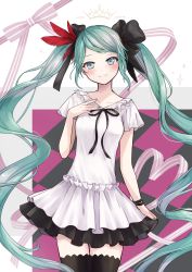 Rule 34 | 1girl, absurdres, blue eyes, blue hair, blush, bow, bracelet, checkered floor, dress, feather hair ornament, feathers, frilled dress, frills, hair bow, hair ornament, hand on own chest, hatsune miku, highres, jewelry, long hair, looking at viewer, nagitofuu, nail polish, ribbon, short sleeves, smile, solo, supreme (module), thighhighs, twintails, very long hair, vocaloid, world is mine (vocaloid)
