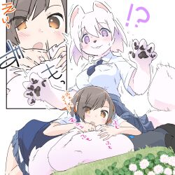 Rule 34 | !?, 2girls, @ @, animal ears, animal hands, black footwear, black hair, blue necktie, blue skirt, body fur, breasts, brown eyes, claws, clover, collared shirt, colored inner hair, dog ears, dog girl, dog tail, furry, furry female, grass, highres, lying on lap, medium breasts, multicolored hair, multiple girls, necktie, open mouth, orange hair, original, pawpads, pleated skirt, school uniform, shirt, shoes, short sleeves, simple background, sitting, skirt, socks, surprised, sweatdrop, tail, transpot nonoko, two-tone hair, white background, white fur, white hair, white shirt